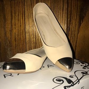 Beige Ballet Flats with Gold Pointed Toes